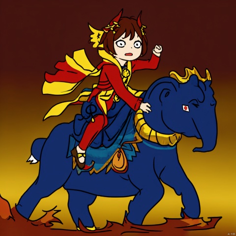 1girl,silly style,riding a eleghant,red yellow theme,