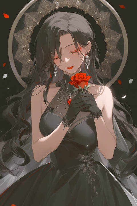  masterpiece, best quality, as7033, baiwe7033 style,

1girl,solo,flower,rose,black hair,red flower,closed eyes,holding flower,red rose,red lips,petals,gem,makeup,breasts,holding,jewelry,long hair,red gemstone,black dress,dress,bare shoulders,earrings,eyeshadow,gloves,black background,cowboy shot,