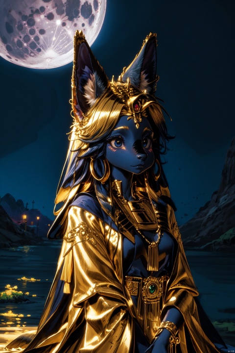  girls, egyptian princess, thin,gold jewelry,, (shiny skin:0.8), tera kas,masterpiece,best quality,in the dark,deep shadow,night,moon,river,furry,animal ears,