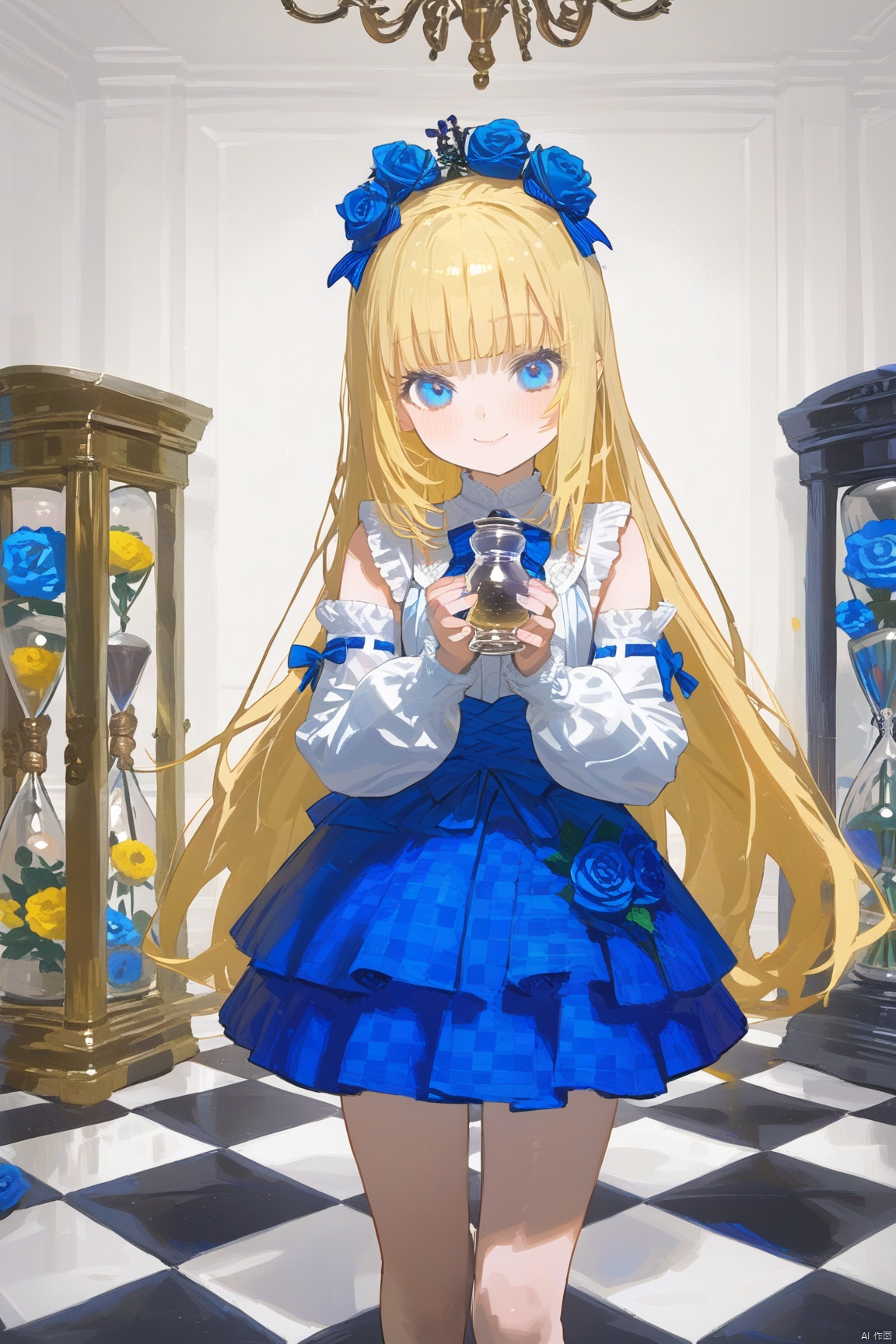  (masterpiece),(best quality),1girl, solo, blue_flower, flower, blue_eyes, long_hair, blonde_hair, blue_rose, detached_sleeves, smile, rose, skirt, long_sleeves, shirt, looking_at_viewer, closed_mouth, white_shirt, blush, bow, checkered_floor, holding, hourglass, standing, sleeveless, indoors, frills, fantasy7033, baiwe7033 style