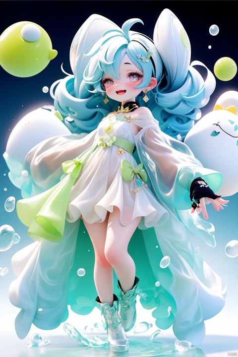 thinbaby,1girl, see-through, long hair, white background, green hair, very long hair, see-through skirt, open mouth, see-through dress, dress, ahoge, simple background, jewelry, smile, green eyes, see-through sleeves, colored eyelashes, looking at viewer, earrings, hair ornament, standing, colored skin, gloves, :d, twintails, thin body, full body, solo