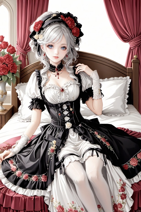  1girl,flowers, jewerly,cowboy shot,ASF, NVZ,lolita_fashion,syd,indoors,bed,laying down,