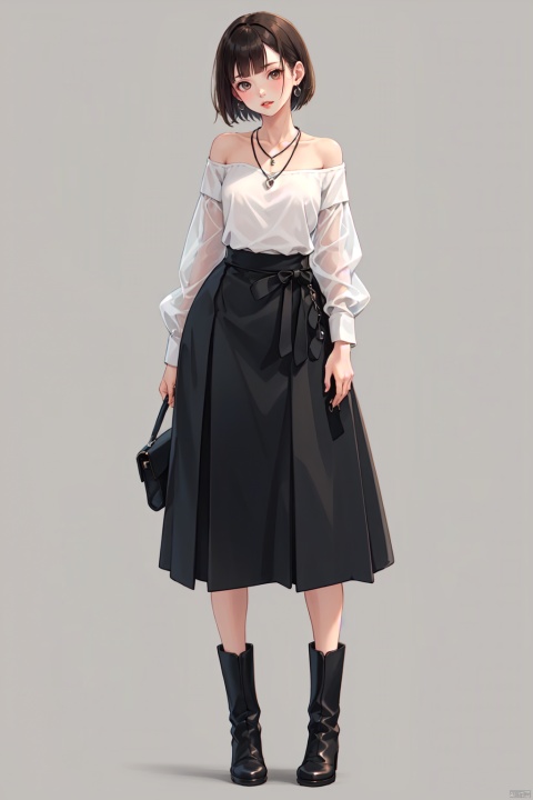  best quality, masterpiece, ultra-detailed, moody lighting, 1girl, solo, jewelry, skirt, earrings, shirt, bag, necklace, white shirt, full body, black skirt, black footwear, standing, off-shoulder shirt, looking at viewer, holding, off shoulder, hand on hip, long sleeves, brown eyes, boots, brown hair, short hair, holding bag, handbag, grey background, bare shoulders, high-waist skirt, red lips, closed mouth, long skirt, bangs, collarbone, black hair, head tilt, see-through, simple background, lips