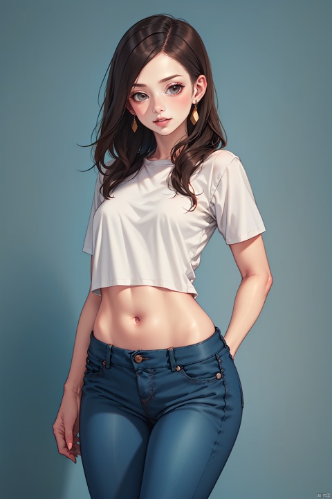  best quality, masterpiece, ultra-detailed, moody lighting,  1girl, solo, long hair, navel, denim, pants, shirt, jeans, midriff, looking at viewer, earrings, jewelry, crop top, white shirt, black hair, short sleeves, realistic, hands on hips, breasts, standing, parted lips, brown eyes, lips, simple background, blue pants, grey background, cowboy shot, brown hair, piercing, thigh gap