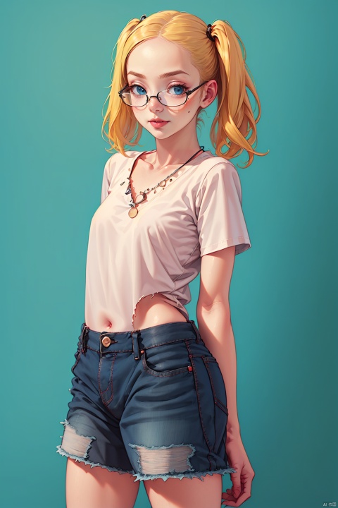  best quality, masterpiece, ultra-detailed, moody lighting,  1girl, solo, shirt, glasses, round eyewear, black shirt, denim, looking at viewer, clothes writing, realistic, torn clothes, blue eyes, jewelry, necklace, cowboy shot, t-shirt, short sleeves, arms at sides, simple background, standing, blonde hair, lips, closed mouth, twintails, brown hair, freckles, denim shorts, blue background, shorts, skirt