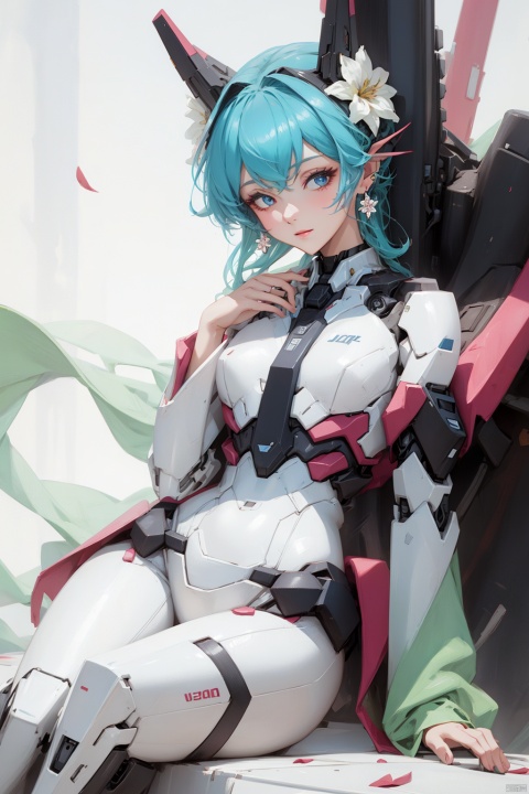  1girl,(flowers theme), (jewerly theme),looking at far,,(((white theme))),sitting ,EARRINGS,HAND BARCERT,NECK TIE,MECHA GIRL,simple background,