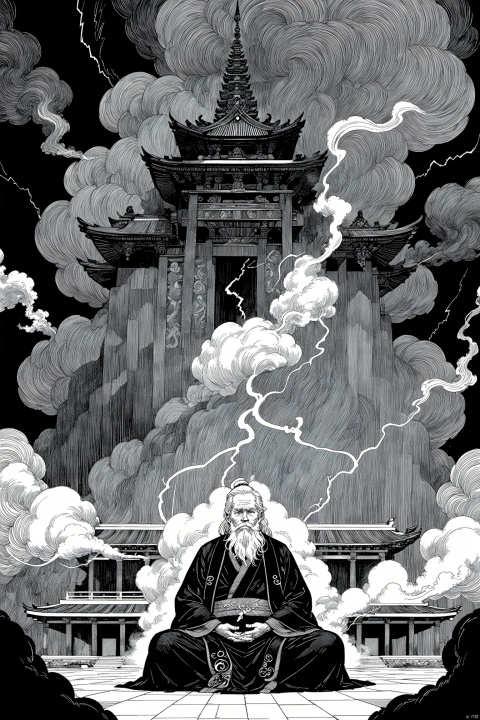 monochrome,greyscale,line art,line style
fantastic,An elderly man with a long white beard and hair,dressed in traditional robes,sites in meditation amidst a haze of smoke. Behind him,there's a temple with designs and a lightning bolt,Smoke-smoky, line art,black blue theme,