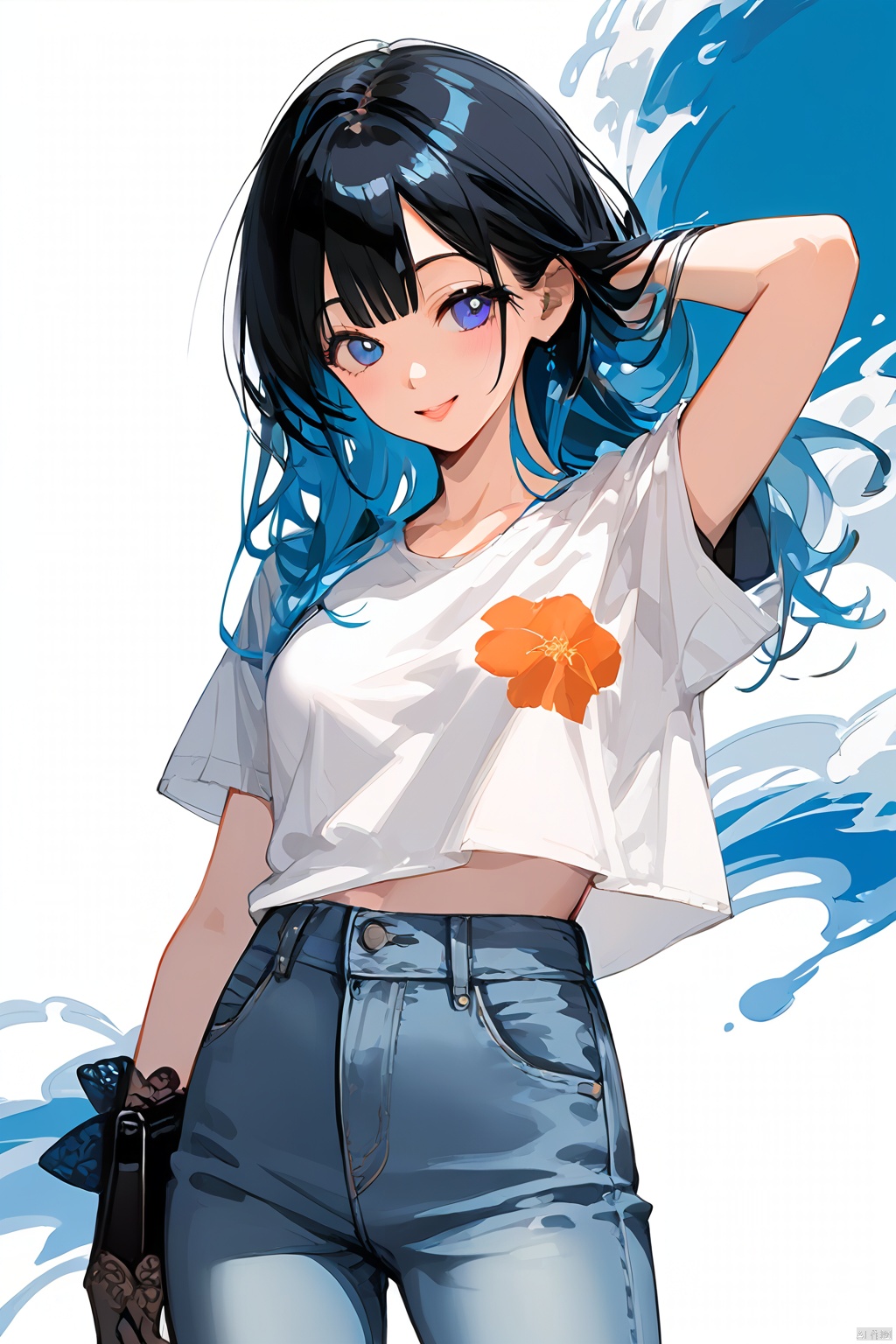 This image features a young woman posing against a white background. She is dressed in a casual yet stylish outfit, consisting of a white t-shirt adorned with a colorful graphic design and blue jeans. The jeans have a unique paint splatter pattern, adding an artistic touch to her ensemble. To complete the look, she has chosen black lace gloves that reach up to her elbows, giving her outfit a touch of elegance.

She has styled her hair in loose waves, which frame her face beautifully. Her makeup is minimalistic, with just a hint of pink on her lips and cheeks, enhancing her natural beauty. In one hand, she holds a black purse, while the other hand rests gently on her hip.

The overall composition of the image suggests a sense of confidence and style. The woman’s pose and attire indicate a modern, fashion-forward individual. The use of color and pattern in her clothing adds visual interest, making her stand out against the plain white backdrop. The image does not contain any text or additional objects, focusing solely on the woman and her striking appearance.
