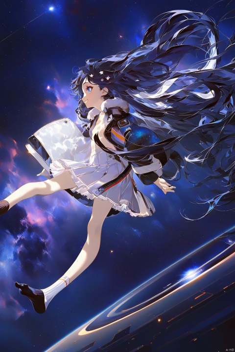  masterpiece, best quality,1girl,thin,very long hair,dark blue hair,blue eyes,stars in the eyes,floating hair,Starry sky adorns hair,small breasts,(black galaxy colorful coat),white lining,white skirt,socks,star hairpin,closed mouth,happy,nebula,star,science fiction,masterpiece,best quality,official art,extremely detailed CG unity 8k wallpaper,cozy anime, backlight, mahiro,wide shot,Dynamic angle, fanxing,full body,best quality, as7033, baiwe7033 style