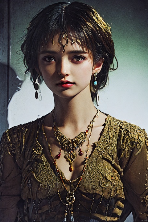  1girl,upper body,necklace,earrings,jewelry,(((masterpiece, best quality))), in the dark,deep shadow,