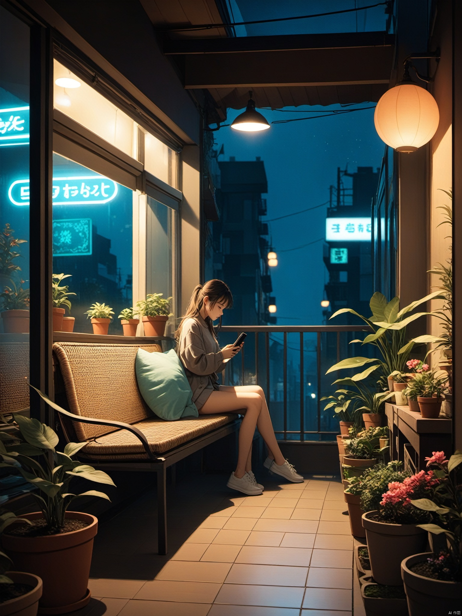 On a balcony filled with potted plants, a girl sits on a wicker bench, engrossed in her phone. In the dim light, only the faint glow of her phone screen illuminates the scene. The distant streetlights and neon signs blur into a hazy mist.