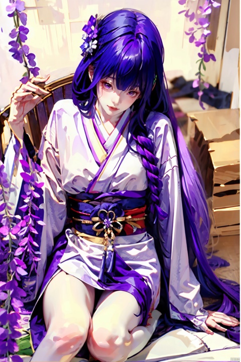  (masterpiece, best quality), 1girl, (realistic), Raiden_Ei, purple hair,bangs,japanese clothes,solo,light purple kimono,tabi,hair ornament,long hair,logs,long hair,white socks,bare leg,sash,wide sleeves,wisteria, wisteriaflower,