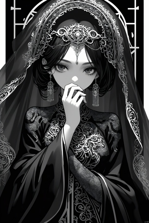  best quality,line art,line style,
the essence of a woman's face,partially obscured by a black veil. Her eyes,the windows to her soul,are the focal point of this image. They are large and expressive,framed by thick,dark eyelashes that add depth and intensity to her gaze. The veil,draped over her head and covering her mouth,adds an air of mystery and intrigue. A decorative headpiece adorns her forehead,its intricate design adding a touch of elegance and cultural significance. The background is a stark black,providing a stark contrast that accentuates the details of her face and the veil.The woman's position relative to the background suggests she is standing in front of it. The photograph beautifully encapsulates a moment of quiet contemplation and cultural richness., as style