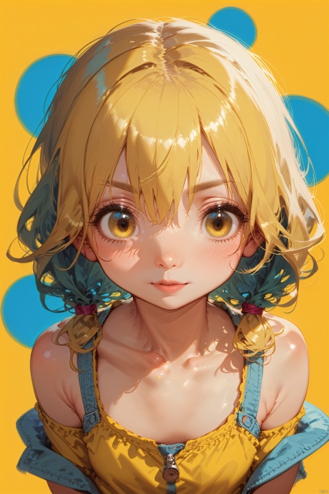 score_9, score_8_up, score_7_up, score_6_up,,yellow background,dynamic Angle,Solid color background,Flat color,cute little girl,loli,solo,solo focus,detailed eyes,detailed face,shiny hair, shiny skin, shiny eyes, yellow hair,low twintails,collarbone, bare shoulders,yellow clothes,