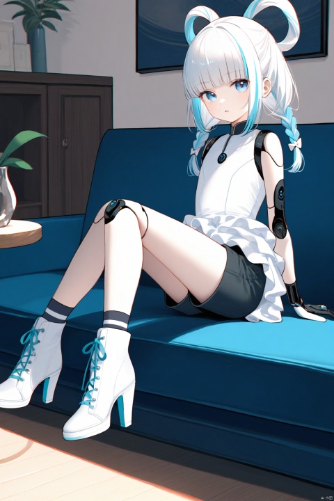 (best quality,masterpiece),1girl,blue eyes,braid,white hair,looking at viewer,joints,sitting,solo,bare shoulders,twin braids,android,bangs,shorts,multicolored hair,black shorts,couch,tail,sleeveless,hair ornament,hair rings,solo focus,dress,white footwear,full body,socks,bow,long hair,white dress,leotard,indoors,blunt bangs,boots,parted lips,chromatic aberration,expressionless,closed mouth,table,high heels,twintails, as style, baiwe7033 style, nin style