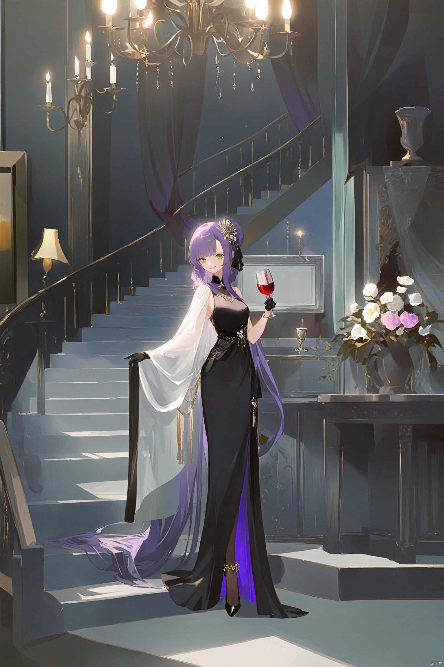  {{master piece}},best quality, baiwe7033 style, 1girl, gloves, long hair, solo, cup, drinking glass, holding, dress, black gloves, wine glass, very long hair, green eyes, black footwear, looking at viewer, purple hair, standing, black dress, holding cup, indoors, stairs, full body, alcohol, flower, bangs, bottle, vase, wine, smile, absurdly long hair, high heels, wine bottle, jewelry, table, official alternate costume, curtains, blunt bangs, shawl, breasts, half gloves, candle, bracelet, chandelier, closed mouth, sleeveless, plant, long dress, low-tied long hair, potted plant, pantyhose, hair ornament, parted lips, lamp, sleeveless dress, cape, pink flower, boots, white flower, white cape, candlestand, nishang