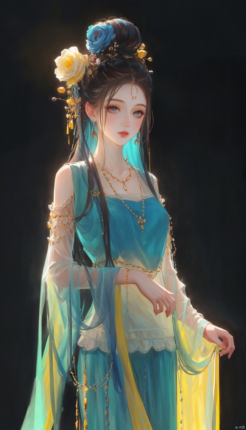  1girl, qingsha,,yellow blue theme,standing ,in the dark,simple background,upper body, looking at viewer,long colorful hair,(((masterpiece,best quality))),((good structure,Good composition,good atomy)), ((clear, original,beautiful)),