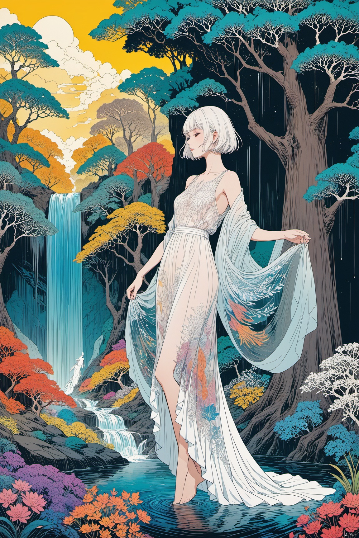  masterpiece, best quality, as7033,,line art,line style,as style,
solo, 1girl, scenery, short hair, tree, white hair, dress, shawl, outdoors,   a figure in a flowing, transparent dress flying through a colorful, abstract landscape, The figure appears to be a woman with short hair, and she is surrounded by a variety of colors and patterns, The background features a waterfall, trees, and other natural elements, as well as abstract shapes and patterns, The overall effect is dreamlike and otherworldly, figure, transparent dress, short hair, woman, flying, waterfall, trees, natural elements, abstract shapes, dreamlike, otherworldly