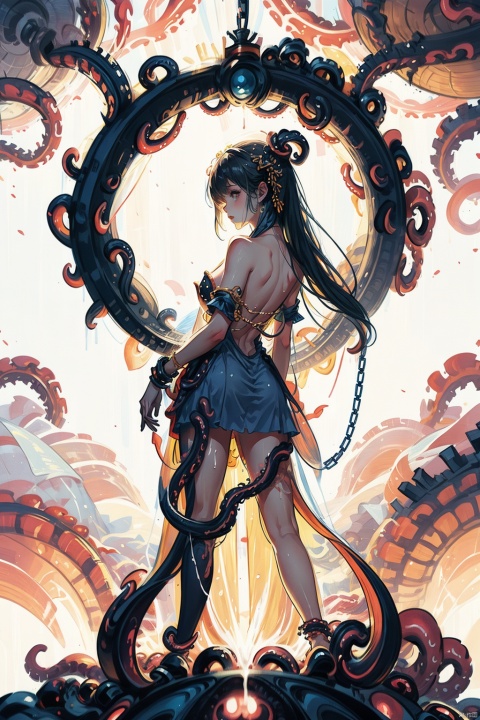 ivan Shishkinswamp, 1girl, torn clothes, large breast, giant tentacles, giant tentacle , growing eyes,
tentacles cum,   arm bound by chains,
 (((Hanging in the air with a tentacles))),
  tied legs together, 
long hair,dress,bodyfit dress,from behind,