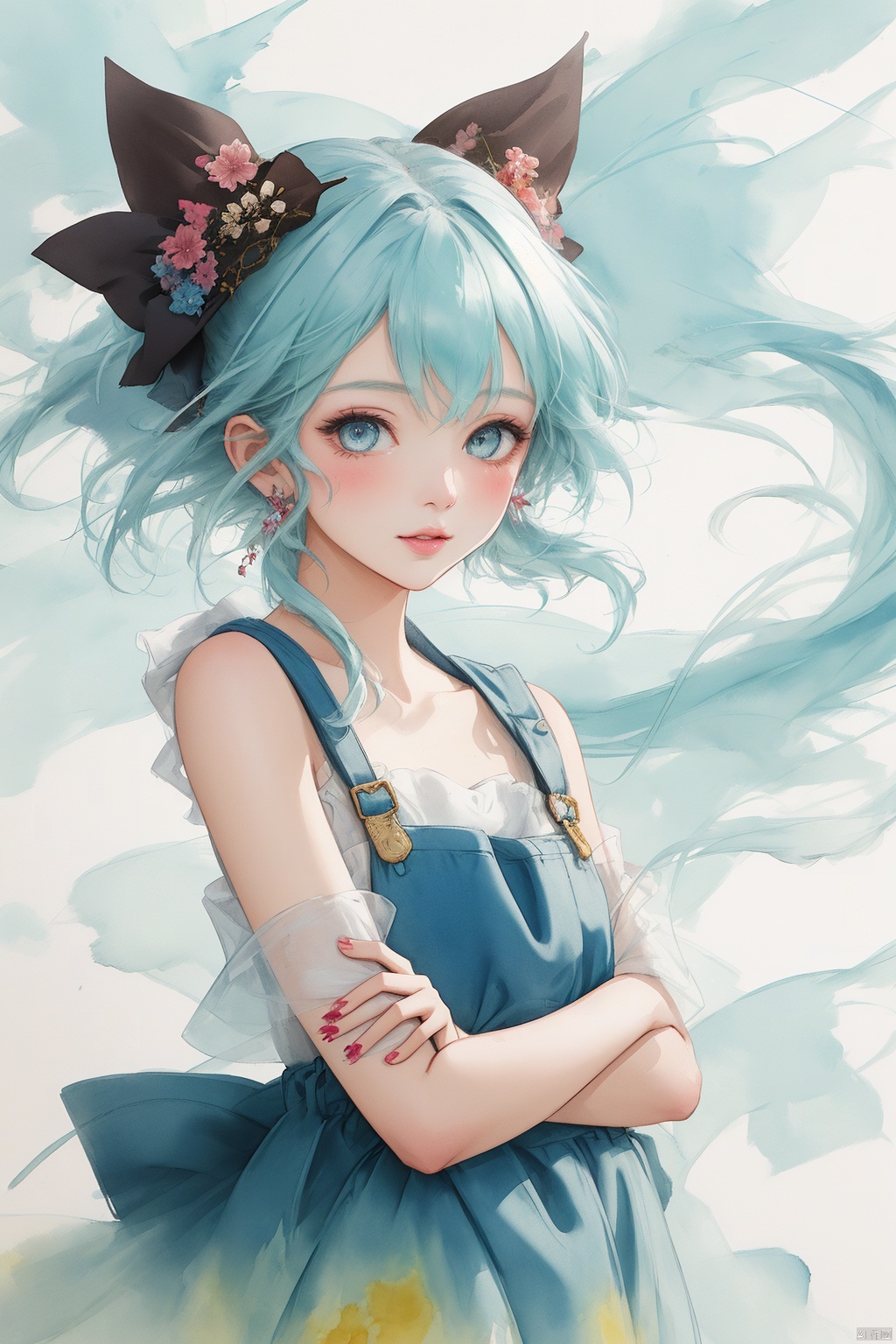 An illustration of a girl painted on paper, combining the vibrant colors of watercolor with the elegance of ink wash painting.  The art form takes inspiration from the whimsical charm of manga, infusing it with the organic flow of watercolor pigments.  Created with brushes and ink, the image showcases the beauty of fluid lines and translucent hues.  The focus is on the girl's graceful posture and expressive features, capturing her personality with a combination of delicate ink details and vibrant watercolor washes.  The overall image exudes a captivating blend of manga and watercolor aesthetics,