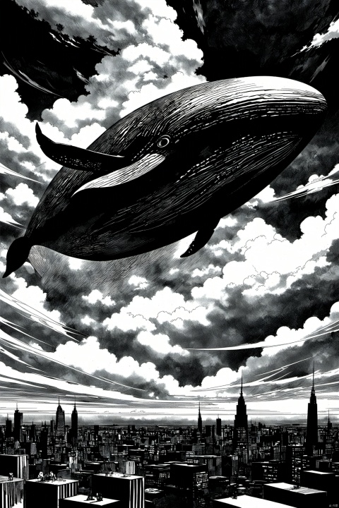  comic style,monochrome,greyscale,
giant whale made of clouds,giant whale floating on air,fantasy,sky line,city line,fantasy theme,clouds,night,
