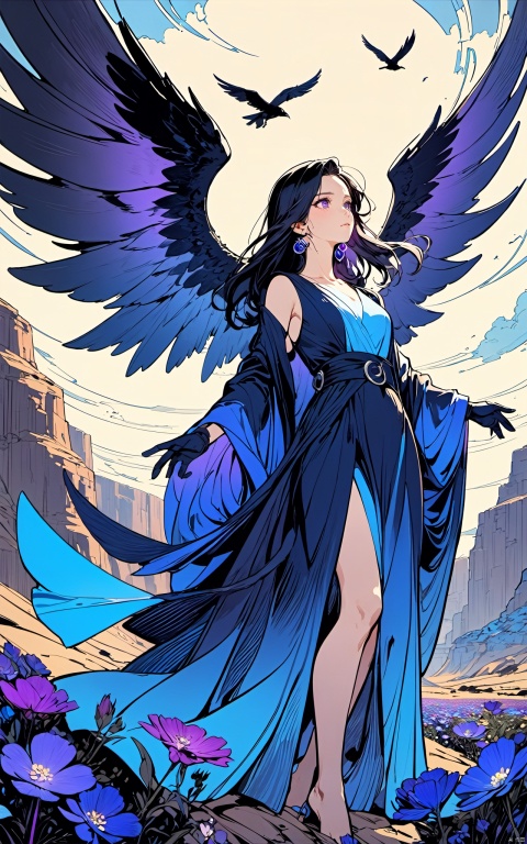  gameplay style ，masterpiece,best quality, line art,line style,1girl girl,color chaos theme，giant wings，gloves，long robe,dutch angle，dutch theme，dutch sky line.Screen tilt,pose tilt,dynamic pose,dynamic composition,purple eyes,blue o ring earrings,black blue gradient lightly dress,absolutely long hair,1girl in purple blue flower,canyon full flowers,crows fly arround her,dark night,star rail,looking at far,sad,(masterpiece,best quality,(good structure),(Good composition),(clear, original,beautiful),
