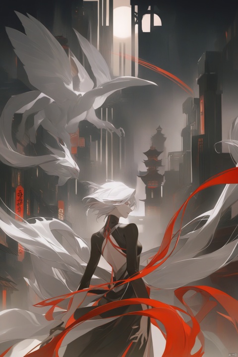 masterpiece, best quality, as7033, baiwe7033 style,

The image portrays a figure with long, white hair that flows dynamically across the frame.  Their attire appears to be a sleek, black outfit with hints of red, giving off an edgy, urban feel.  The figure's posture is turned slightly towards the viewer, revealing more of their profile and back,
In the background, there is an abstract cityscape illuminated in shades of crimson and scarlet.  Digital or neon elements intermingle with traditional architecture, suggesting a futuristic metropolis.  There are also Asian characters visible on signs, adding a cultural layer to the setting,
The overall atmosphere is intense and somewhat ominous, heightened by the dramatic lighting and color scheme.  The use of shadow and highlights adds depth and dimension to the character and the environment.