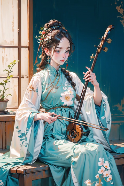  playing erhu,1girl, long hair,sitting,holding erhu, shenhe (genshin impact), guoflinke
