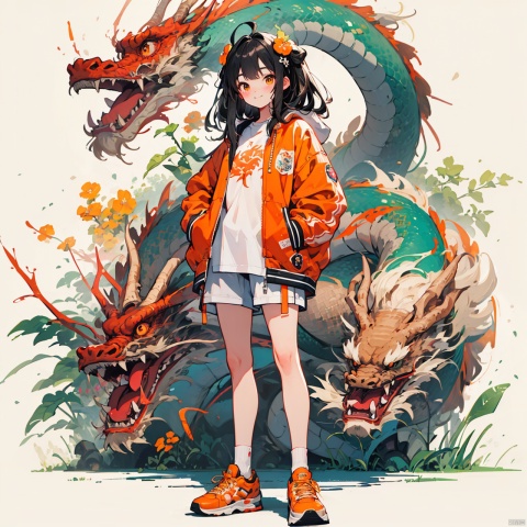  (((masterpiece))),((extremely detailed CG unity 8k wallpaper)),best quality,high resolution illustration,Amazing,highres, national tide,1girl, hand in pocket, dragon, eastern dragon, sneakers, shoes, jacket, long hair, smile, solo, bag, looking at viewer, full body, black hair, shorts, standing, backpack, orange jacket, lantern, hair ornament, blush, shirt, socks, orange eyes, brown eyes, red footwear