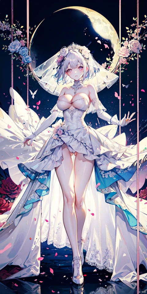  fine fabric emphasis,(masterpiece, top quality, best quality, beautiful and aesthetic:1.2), (1girl), ((wedding dress)),extreme detailed,highest detailed,rose background,silver hair,long hair,glowing eyes,bouncing breasts,moon reflection,(big_boobies,bare shoulders),facing_viewer ,full_body,high_heels,leotard,perfect body,