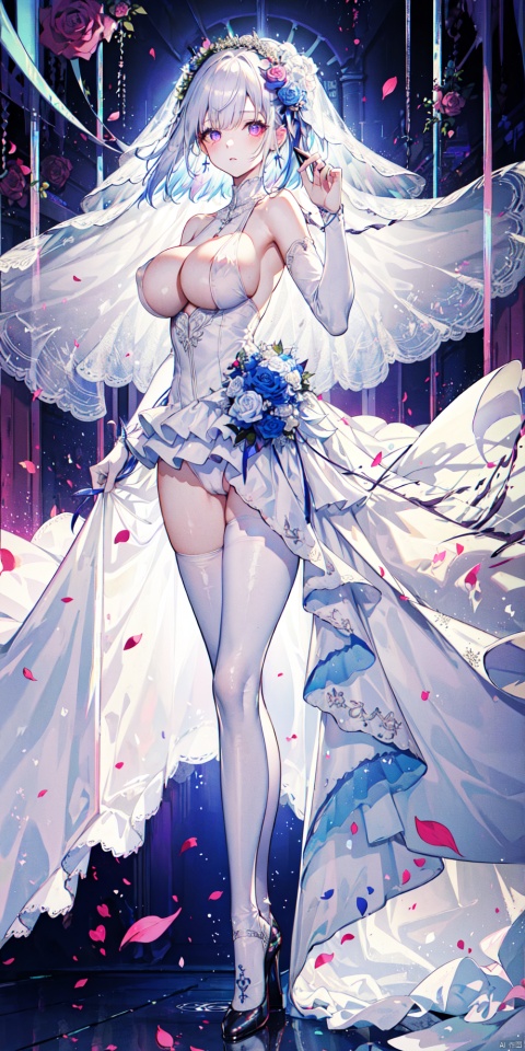  fine fabric emphasis,(masterpiece, top quality, best quality, beautiful and aesthetic:1.2), (1girl), ((wedding dress)),extreme detailed,highest detailed,rose background,silver hair,long hair,glowing eyes,bouncing breasts,moon reflection,(big_boobies,bare shoulders),facing_viewer ,full_body,high_heels,leotard,perfect body,