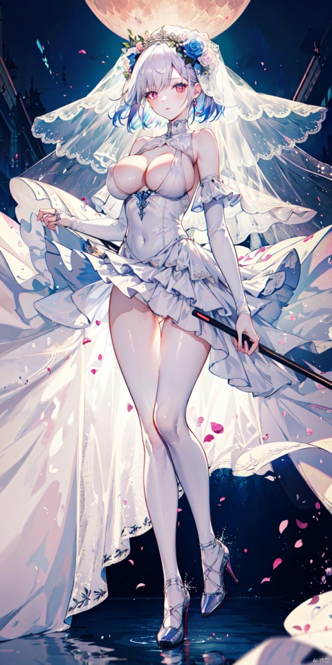  fine fabric emphasis,(masterpiece, top quality, best quality, beautiful and aesthetic:1.2), (1girl), ((wedding dress)),extreme detailed,highest detailed,rose background,silver hair,long hair,glowing eyes,bouncing breasts,moon reflection,(big_boobies,bare shoulders),facing_viewer ,full_body,high_heels,leotard,perfect body,