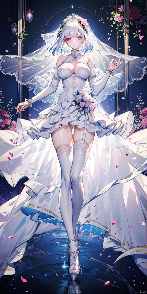  fine fabric emphasis,(masterpiece, top quality, best quality, beautiful and aesthetic:1.2), (1girl), ((wedding dress)),extreme detailed,highest detailed,rose background,silver hair,long hair,glowing eyes,bouncing breasts,moon reflection,(big_boobies,bare shoulders),facing_viewer ,full_body,high_heels,leotard,perfect body,