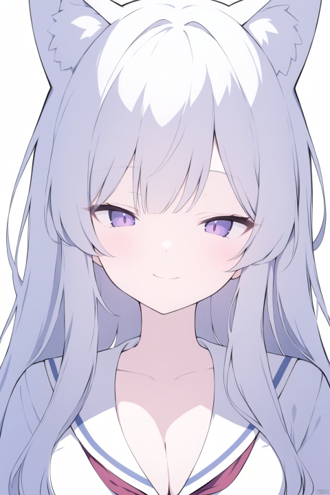  cleavage, (cat ears), half-closed eyes, school uniform, 1girl, solo, looking at viewer, flower, long hair, bangs, closed mouth, simple background, white background, upper body, white hair, hair intakes, purple eyes, expressionless, eyelashes, best quality, smile, White cat ears