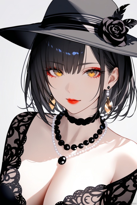 (masterpiece),(best quality),1girl, hat, solo, black flower, yellow eyes, sun hat, breasts, jewelry, black rose, flower, necklace, dress, black hair, looking at viewer, cleavage, black headwear, makeup, grey background, pale skin, red lips, lipstick, short hair, simple background, earrings, pearl necklace, medium breasts, mature female, upper body, rose