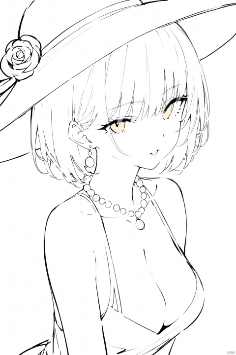 (greyscale,monochrome,sketch),(masterpiece:1.2),(masterpiece), (best quality), 1girl, hat, solo, black flower, yellow eyes, sun hat, breasts, jewelry, black rose, flower, necklace, dress, black hair, looking at viewer, cleavage, black headwear, makeup, grey background, pale skin, red lips, lipstick, short hair, simple background, earrings, pearl necklace, medium breasts, mature female, upper body, rose