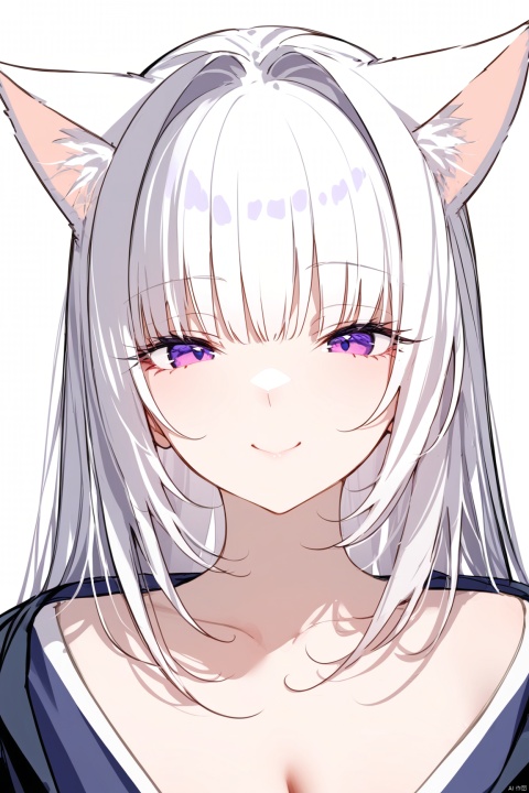 (masterpiece),(best quality),cleavage, (cat ears), half-closed eyes, school uniform, 1girl, solo, looking at viewer, flower, long hair, bangs, closed mouth, simple background, white background, upper body, white hair, hair intakes, purple eyes, expressionless, eyelashes, best quality, smile, White cat ears