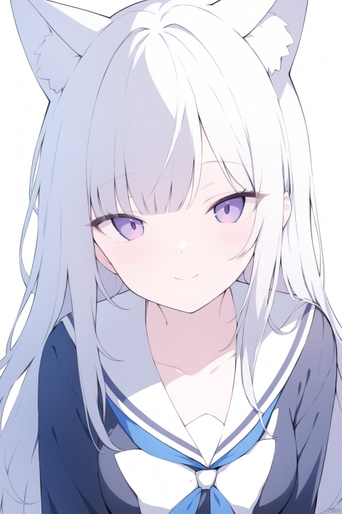  cleavage, (cat ears), half-closed eyes, school uniform, 1girl, solo, looking at viewer, flower, long hair, bangs, closed mouth, simple background, white background, upper body, white hair, hair intakes, purple eyes, expressionless, eyelashes, best quality, smile, White cat ears