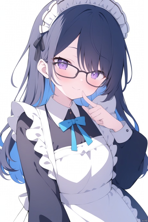  masterpiece, best quality, cute, kawaii, 1girl, solo, black hair, glasses, maid, colored inner hair, long hair, maid headdress, multicolored hair, smile, looking at viewer, apron, blush, upper body, simple background, blue hair, black-framed eyewear, bangs, purple eyes, maid apron, dress, finger to mouth, two-tone hair, closed mouth, long sleeves, index finger raised, black dress, white apron, collared dress, grey background, puffy sleeves, frills, white background, hand up