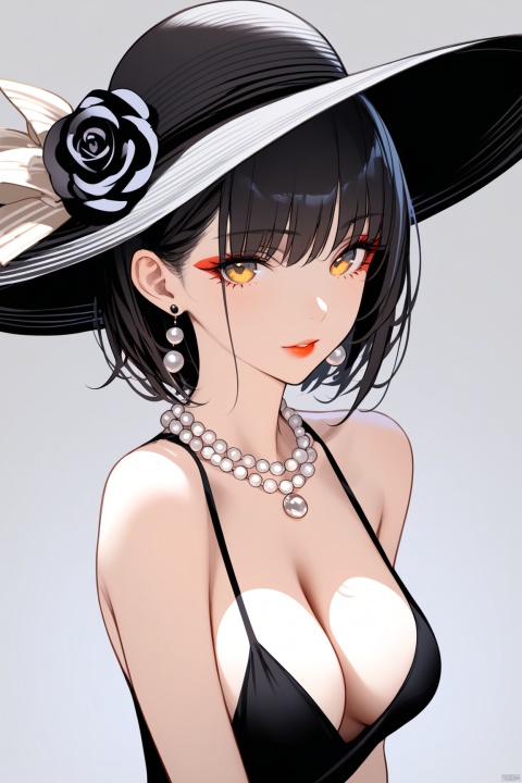 (masterpiece),(best quality),1girl, hat, solo, black flower, yellow eyes, sun hat, breasts, jewelry, black rose, flower, necklace, dress, black hair, looking at viewer, cleavage, black headwear, makeup, grey background, pale skin, red lips, lipstick, short hair, simple background, earrings, pearl necklace, medium breasts, mature female, upper body, rose