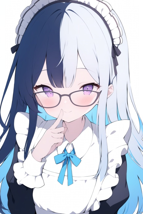  masterpiece, best quality, cute, kawaii, 1girl, solo, black hair, glasses, maid, colored inner hair, long hair, maid headdress, multicolored hair, smile, looking at viewer, apron, blush, upper body, simple background, blue hair, black-framed eyewear, bangs, purple eyes, maid apron, dress, finger to mouth, two-tone hair, closed mouth, long sleeves, index finger raised, black dress, white apron, collared dress, grey background, puffy sleeves, frills, white background, hand up