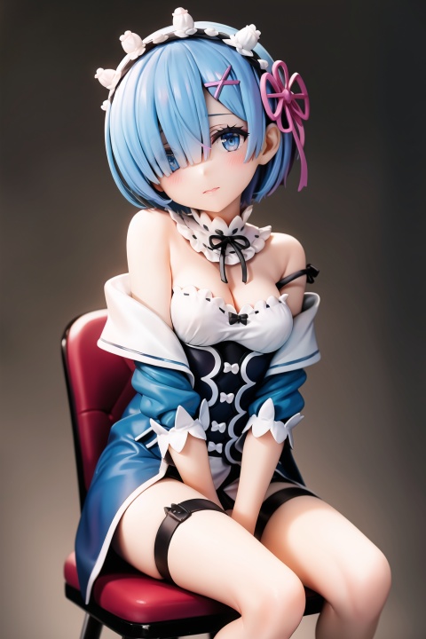 1girl, solo, blue hair, blue eyes, short hair, rem (re:zero), hair ornament, sitting, looking at viewer, strap slip, x hair ornament, hair over one eye, breasts, off shoulder, hand between legs, between legs, head tilt, chair, hairclip, incredibly absurdres, highres, , masterpiece, best quality, , masterpiece, best quality