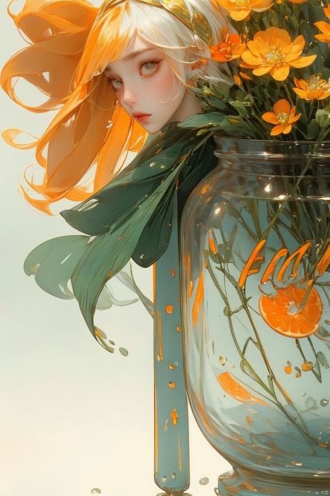  orange theme ,(flowers background:1.45),(transparent background:1.3)(an extremely delicate and beautiful girl inside of glass jar:1.2), (glass jar:1.35),(solo:1.2), (full body), (beautiful detailed eyes, beautiful detailed face:1.3), (sitting ), (very long silky hair, float white hair:1.15), (medium_breasts, tally and skinny:1.2), (Colorful dress:1.3), (extremely detailed lace:0.3), (insanely detailed frills:0.3),(hairband , orange hair_ornament:1.25),orange cans,water surface,full body,kneeing,(bottle filled with orange water,bottle filled with Fanta:1.25), (many fruits in jar, many Sliced_fruits in jar:1.25), (many bubbles:1.25),