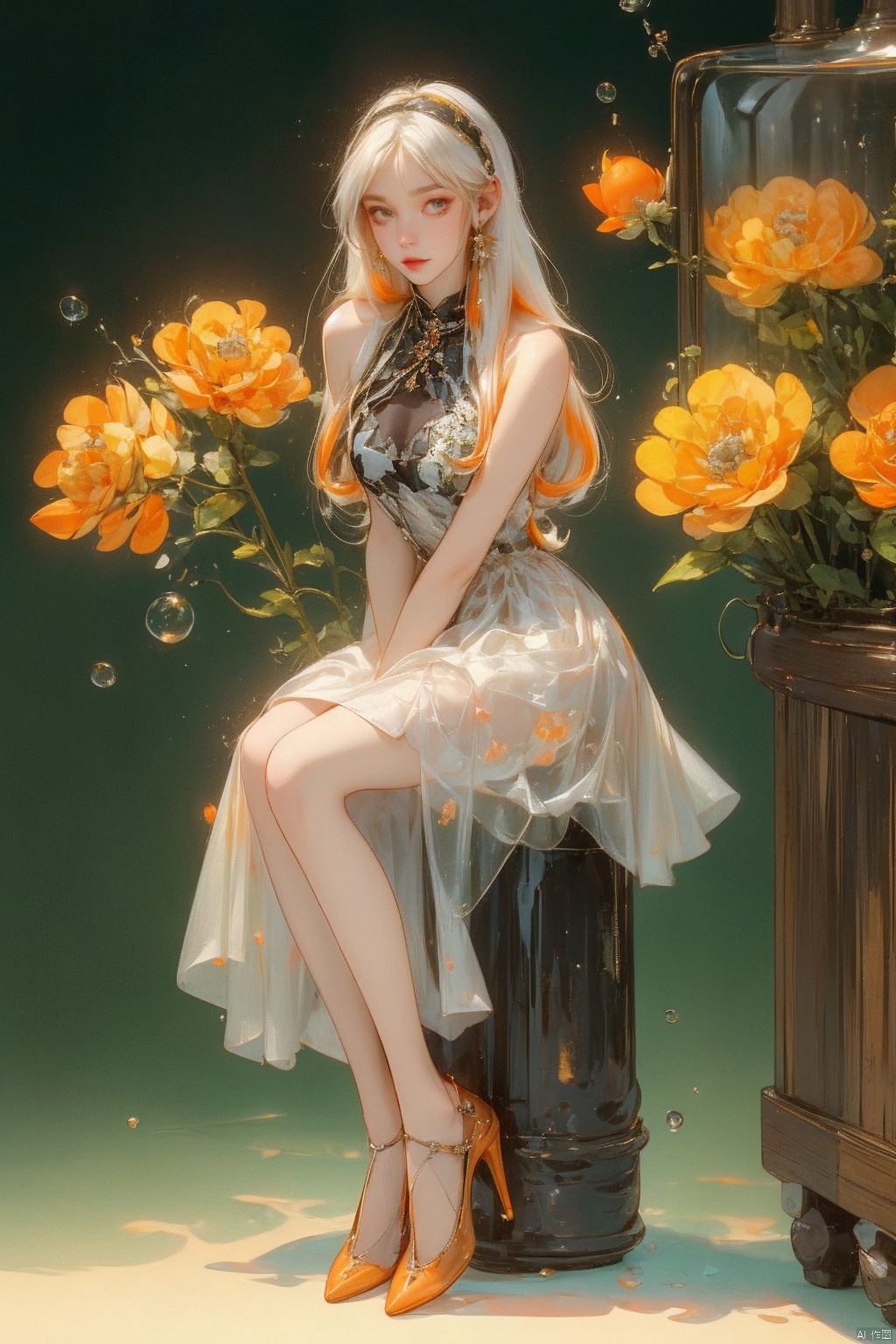  orange theme ,(flowers background:1.45),(transparent background:1.3)(an extremely delicate and beautiful girl inside of glass jar:1.2), (glass jar:1.35),(solo:1.2), (full body), (beautiful detailed eyes, beautiful detailed face:1.3), (sitting ), (very long silky hair, float white hair:1.15), (medium_breasts, tally and skinny:1.2), (Colorful dress:1.3), (extremely detailed lace:0.3), (insanely detailed frills:0.3),(hairband , orange hair_ornament:1.25),orange cans,water surface,full body,kneeing,(bottle filled with orange water,bottle filled with Fanta:1.25), (many fruits in jar, many Sliced_fruits in jar:1.25), (many bubbles:1.25),