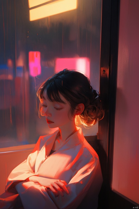  A girl is meditating in her room, wearing headphones, outside the window, night lights, neon lights in rainy days, jijianchahua