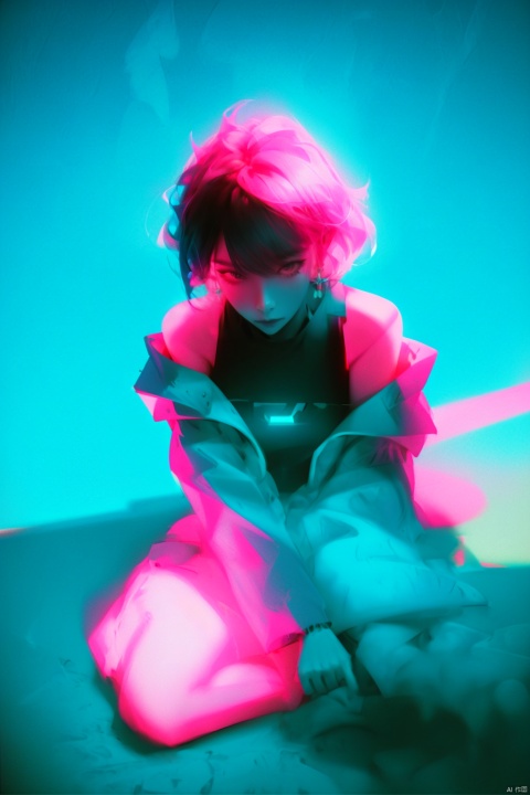  masterpiece,best quality,1 synth wave style girl,blue outline,streets with neon lights,blue fluorescent coatings,solo,from above,cowboy shot,sitting on the top of the building,extremely detailed CG,flat color,limited palette,noline art,silhouette,partially colored,alternate color,dynamic angle,blue long upper shan,dark violet shadow,synth wave,chromatic aberration,(solo focus),perfect shadow,wearing an off- shoulder floating jacket,delicate face,bare shoulder,beautiful and delicate eyes,delicate background,blue neon light, Purity Portait, monkren