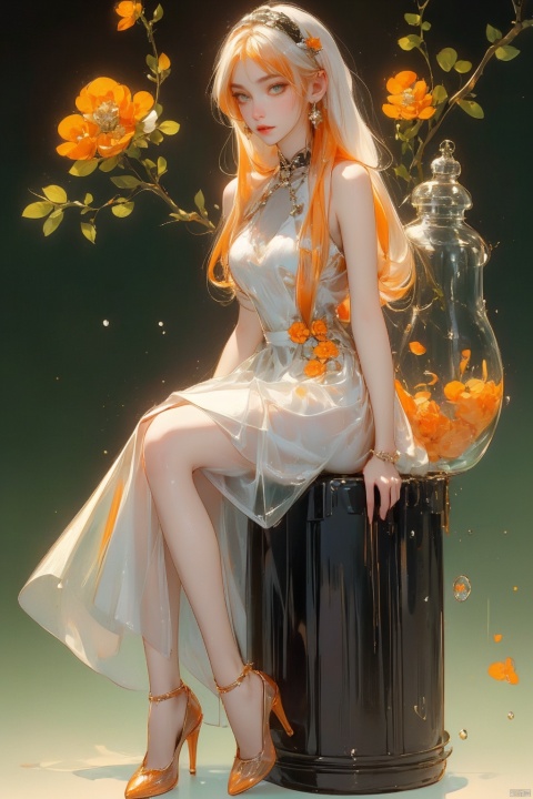  orange theme ,(flowers background:1.45),(transparent background:1.3)(an extremely delicate and beautiful girl inside of glass jar:1.2), (glass jar:1.35),(solo:1.2), (full body), (beautiful detailed eyes, beautiful detailed face:1.3), (sitting ), (very long silky hair, float white hair:1.15), (medium_breasts, tally and skinny:1.2), (Colorful dress:1.3), (extremely detailed lace:0.3), (insanely detailed frills:0.3),(hairband , orange hair_ornament:1.25),orange cans,water surface,full body,kneeing,(bottle filled with orange water,bottle filled with Fanta:1.25), (many fruits in jar, many Sliced_fruits in jar:1.25), (many bubbles:1.25),