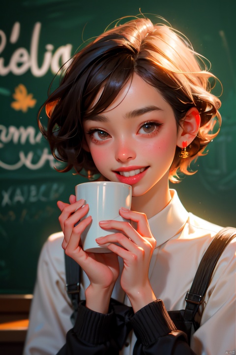  a girl laughing, realistic, portrait,,school_uniform,self_licking,shorthair,coffee shop