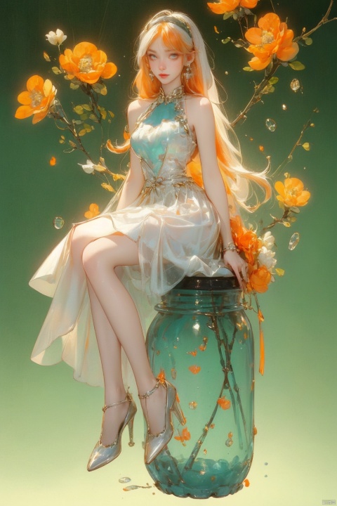  orange theme ,(flowers background:1.45),(transparent background:1.3)(an extremely delicate and beautiful girl inside of glass jar:1.2), (glass jar:1.35),(solo:1.2), (full body), (beautiful detailed eyes, beautiful detailed face:1.3), (sitting ), (very long silky hair, float white hair:1.15), (medium_breasts, tally and skinny:1.2), (Colorful dress:1.3), (extremely detailed lace:0.3), (insanely detailed frills:0.3),(hairband , orange hair_ornament:1.25),orange cans,water surface,full body,kneeing,(bottle filled with orange water,bottle filled with Fanta:1.25), (many fruits in jar, many Sliced_fruits in jar:1.25), (many bubbles:1.25),