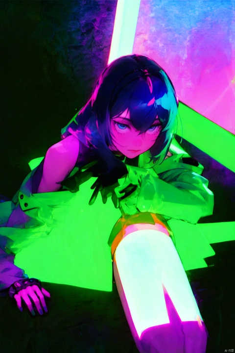 masterpiece,best quality,1 synth wave style girl,blue outline,streets with neon lights,blue fluorescent coatings,solo,from above,cowboy shot,sitting on the top of the building,extremely detailed CG,flat color,limited palette,noline art,silhouette,partially colored,alternate color,dynamic angle,blue long upper shan,dark violet shadow,synth wave,chromatic aberration,(solo focus),perfect shadow,wearing an off- shoulder floating jacket,delicate face,bare shoulder,beautiful and delicate eyes,delicate background,blue neon light, Purity Portait, monkren